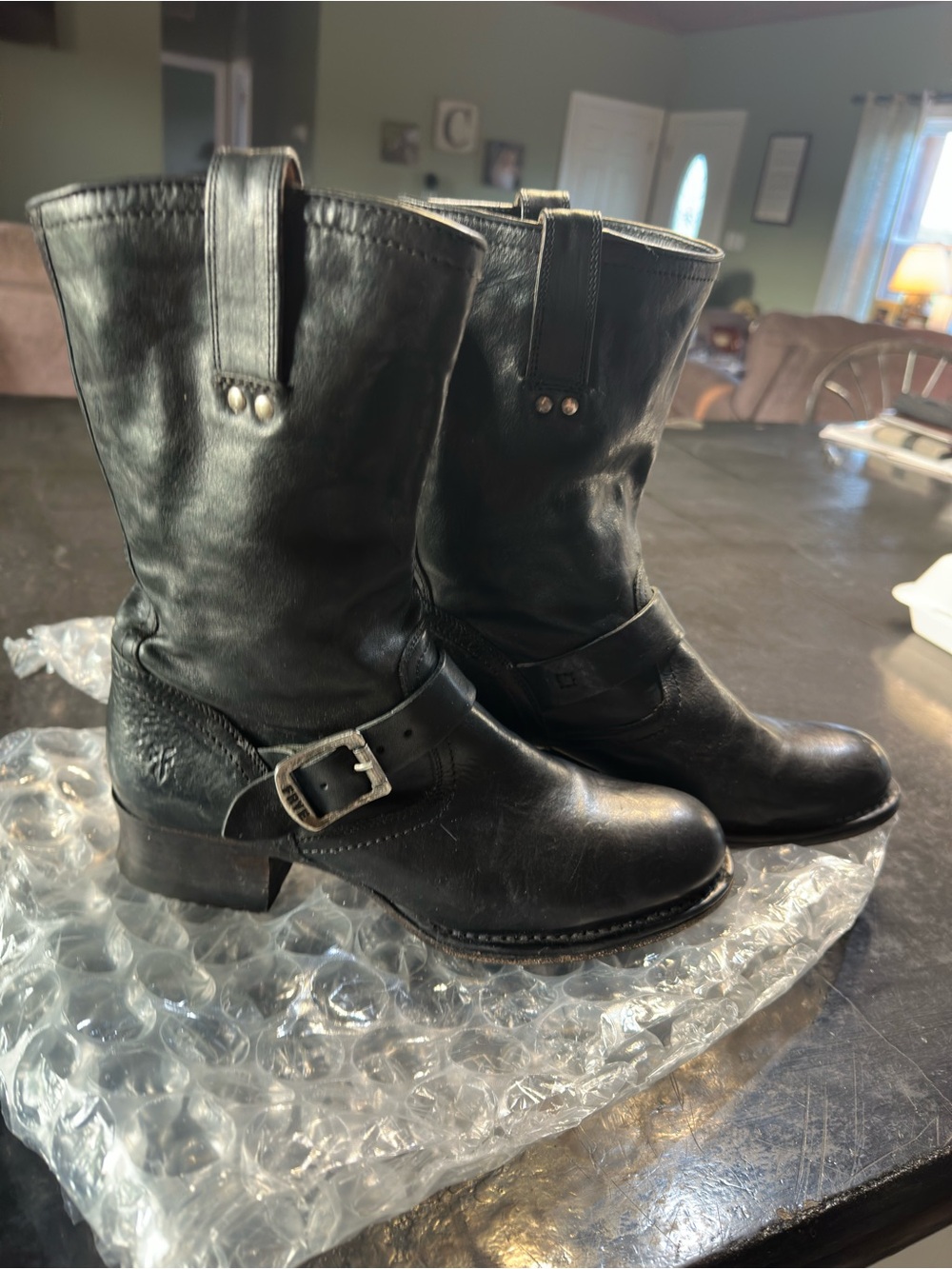 Frye Black Leather Harness Mid-Calf Boots